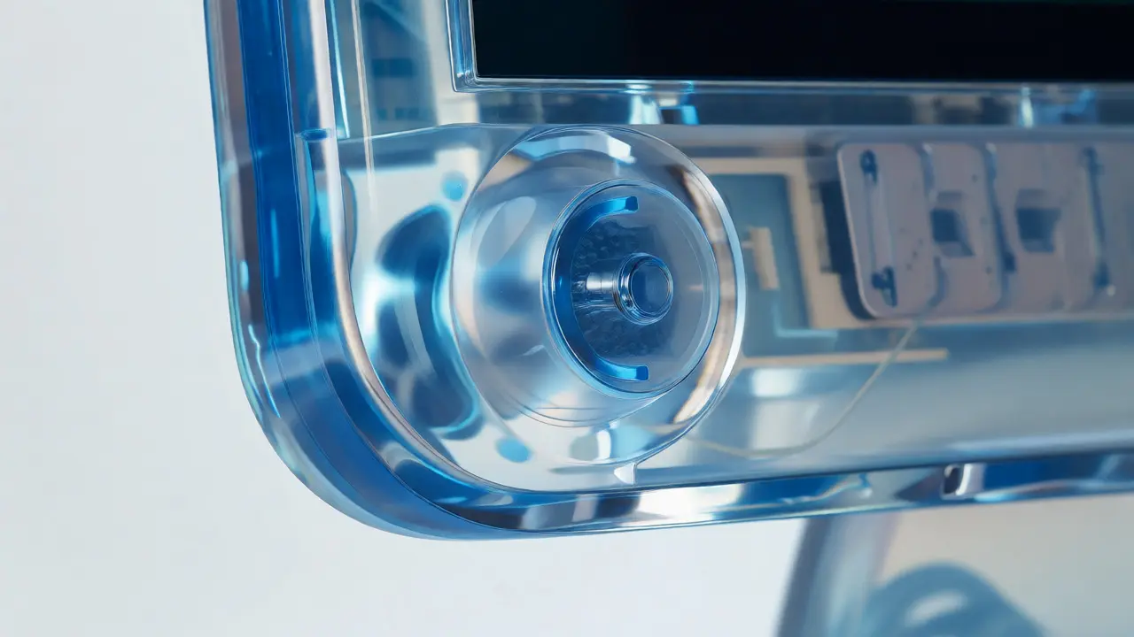 Close-up of the translucent Bondi Blue iMac G3 casing showing internal details.