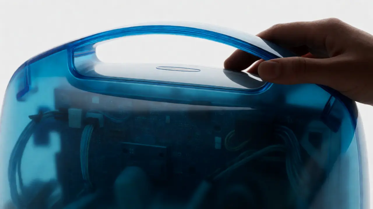 Close-up of translucent blue iMac handle showing internal components