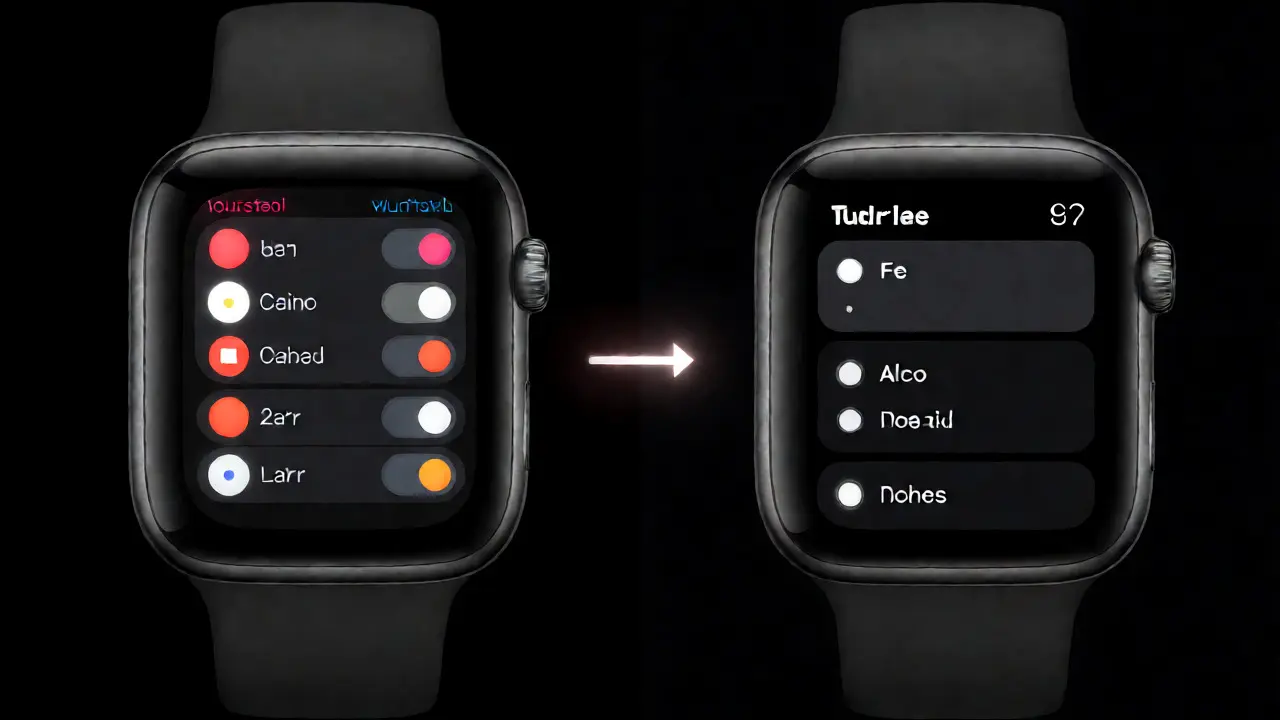 Comparison of cluttered versus clean smart home UI on a watch face