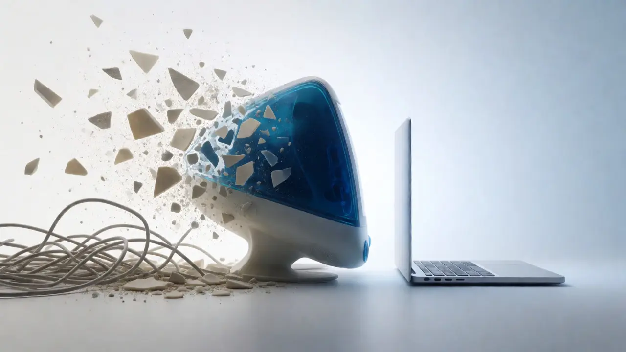 Conceptual art showing beige tech evolving into modern minimalist devices