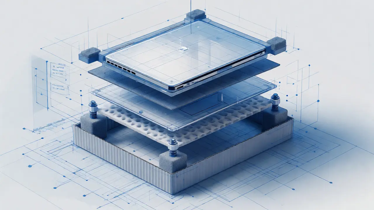 Cutaway view of laptop packaging with corner foam pads