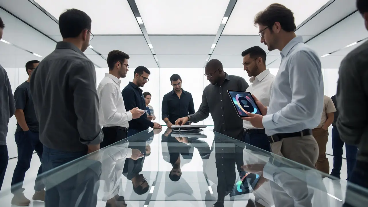 Design team reviewing a device in a modern testing facility