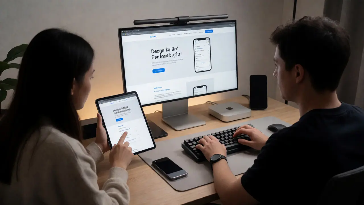 Designer and developer checking iPad and 4K monitor in modern office