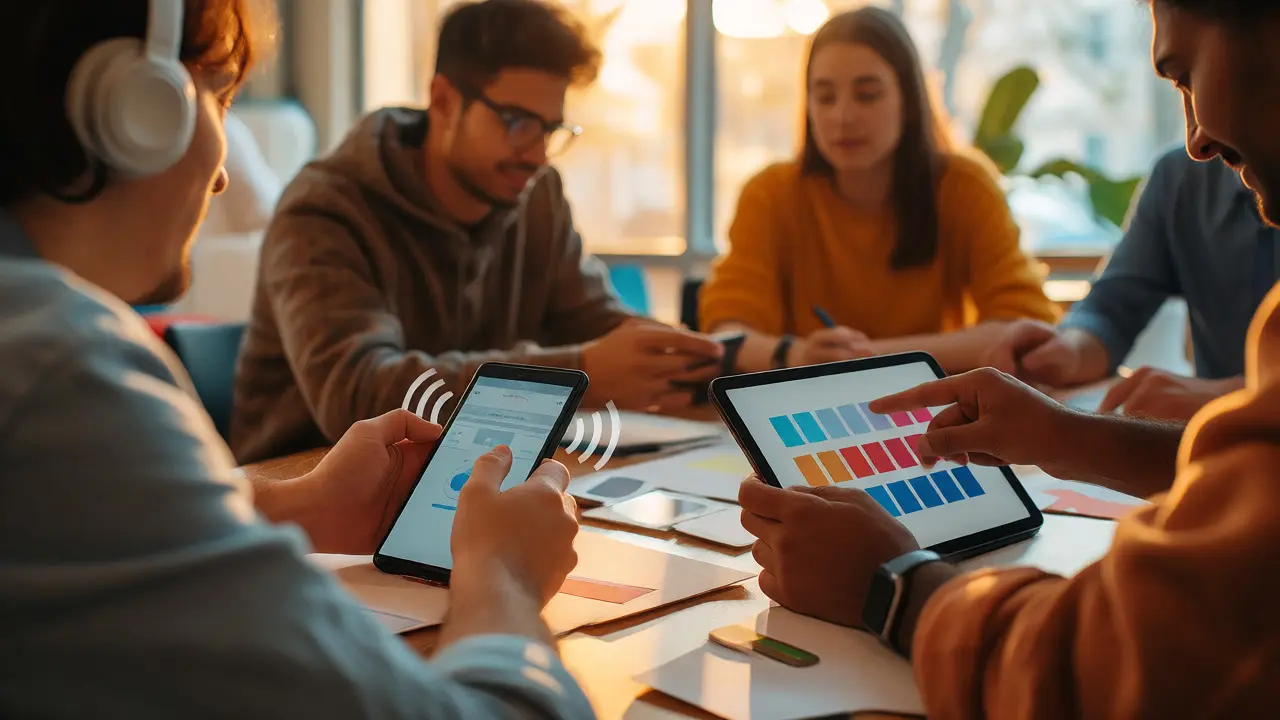 Designers testing apps with assistive technologies in a bright office