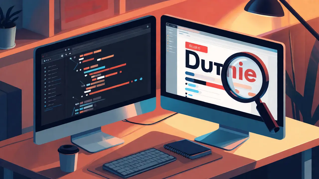 Developer desk with monitors showing Swift code and high-contrast app interface.