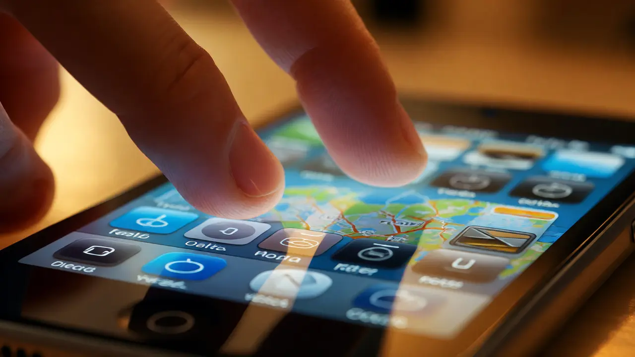 Fingers pinching to zoom on an early iPhone touchscreen map