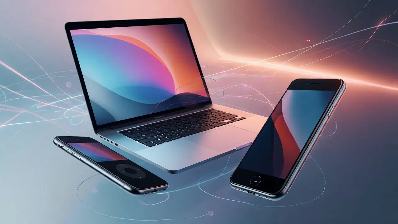 Floating Apple devices connected by light threads representing a unified ecosystem.