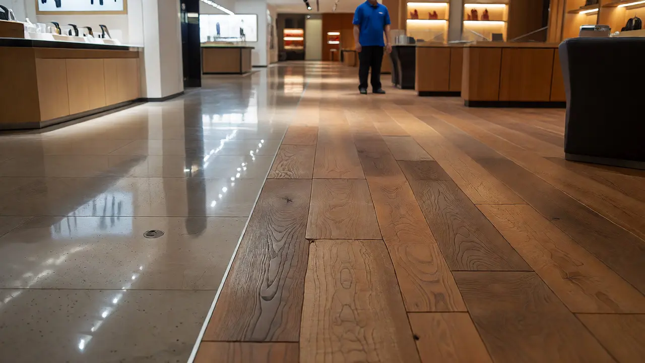 Flooring transition from stone to wood marking retail zones with changing lighting
