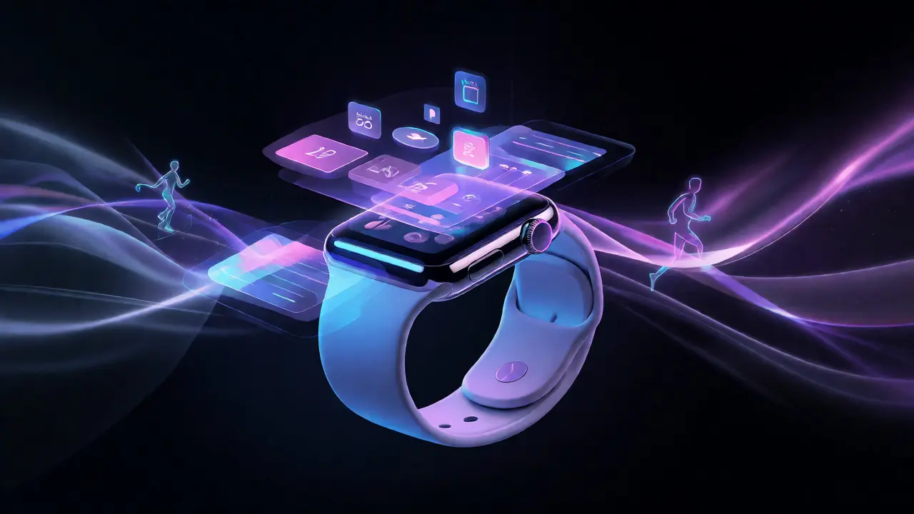 Futuristic Apple Watch with holographic ambient data projections.