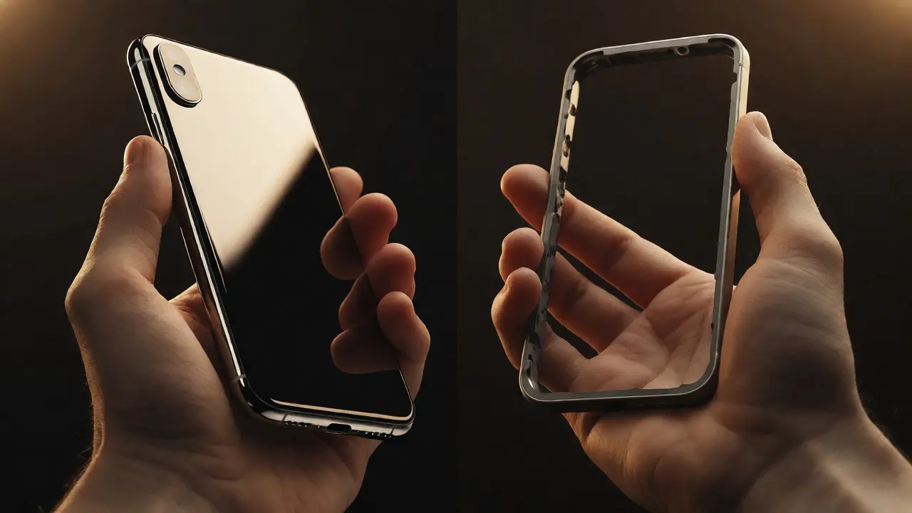 Hands holding a heavy polished stainless steel iPhone next to a lighter brushed titanium iPhone.