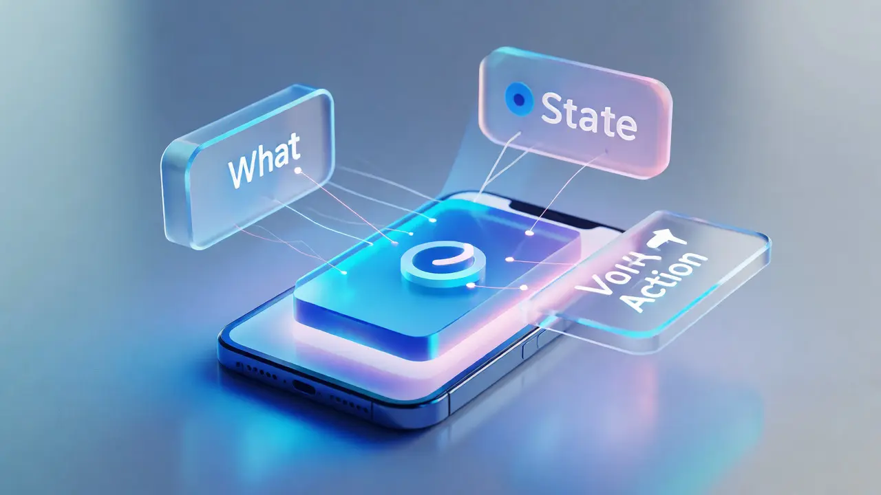 Holographic layers representing Label, Value, and Hint surrounding a smartphone icon.