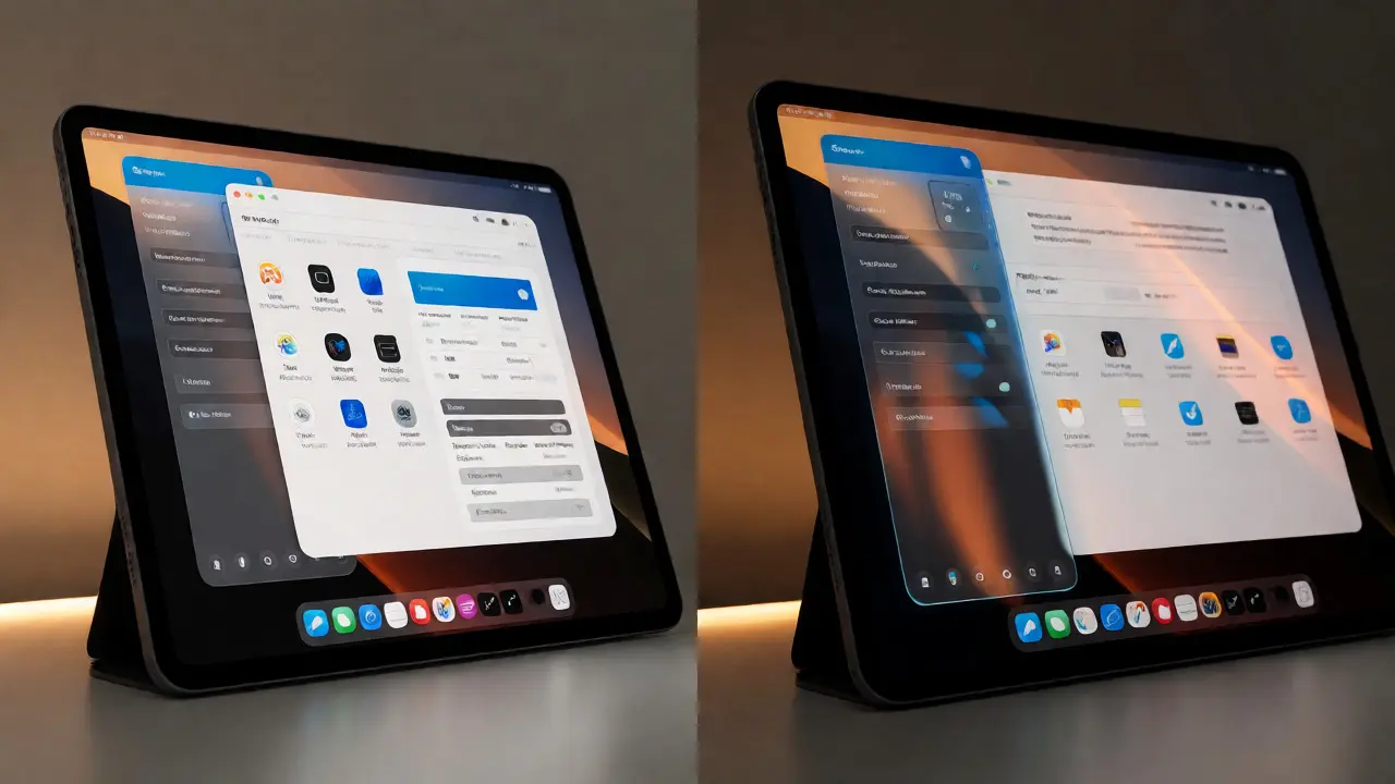 iPad multitasking view with liquid glass sidebars anchoring overlapping windows
