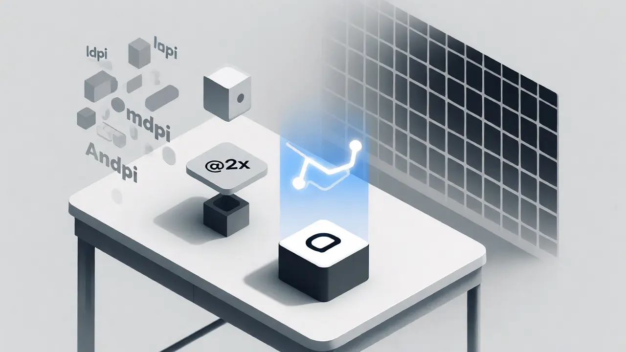 Isometric illustration of SVG scaling and asset optimization for high-DPI screens