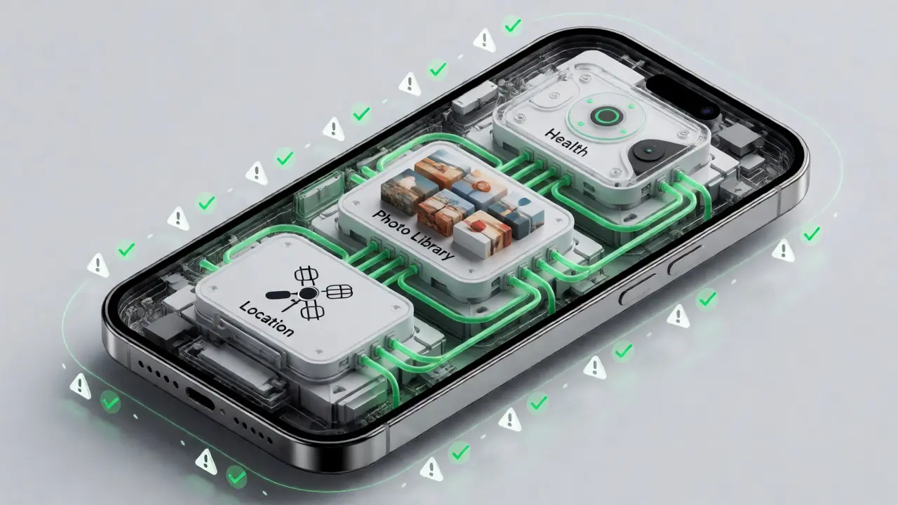 Isometric view of smartphone internals connecting location, photo, and health systems.