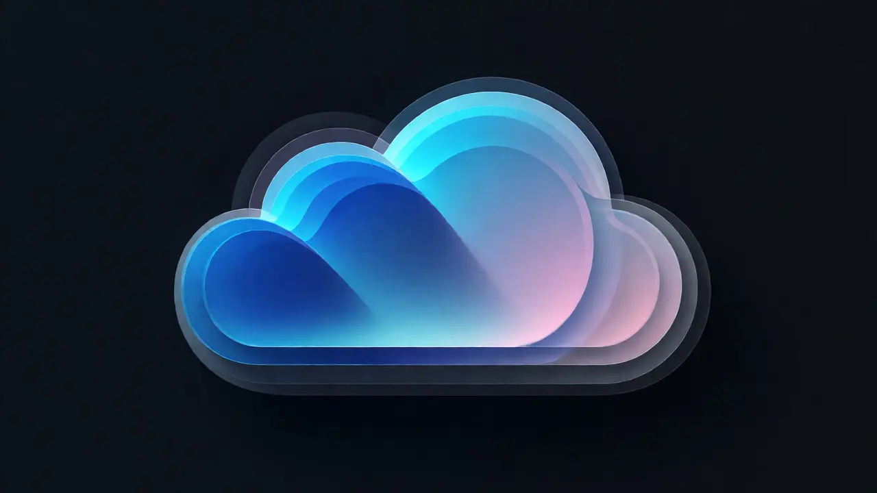 Layered cloud icon with a blue-to-white gradient against a dark background.