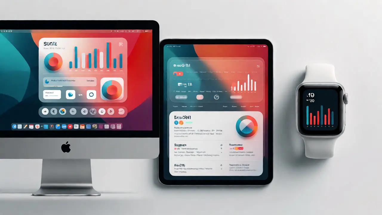Mac, iPad, and Apple Watch displaying adapted versions of the same widget across different screen sizes.