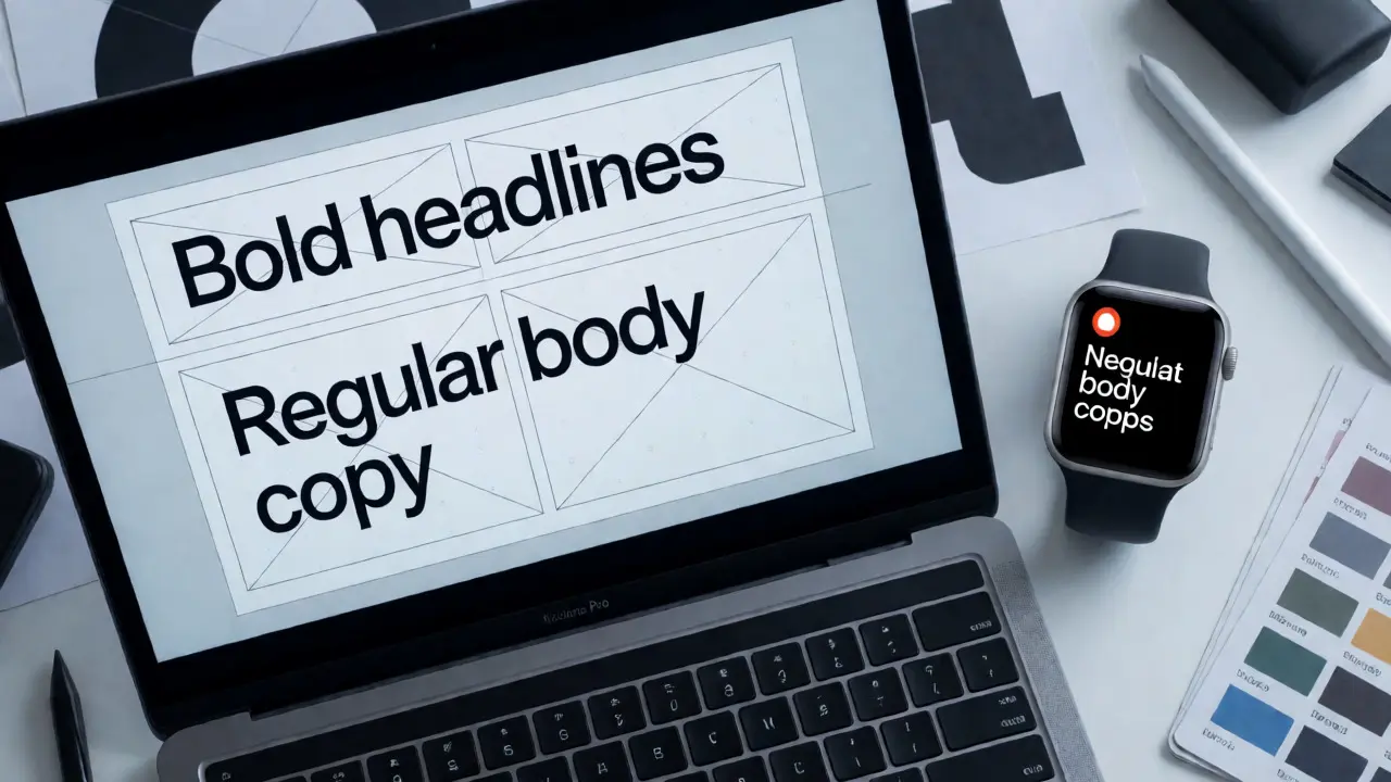 MacBook and Apple Watch displaying clean interface typography