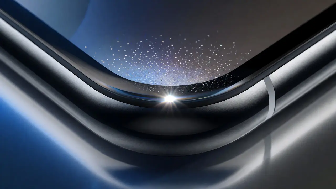 Macro shot of Ceramic Shield glass on a titanium iPhone edge showing internal crystal structure.