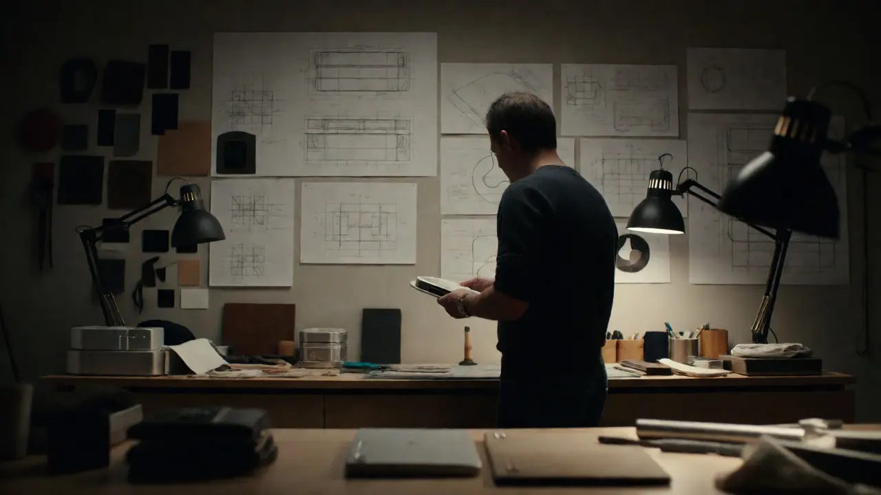 Senior designer working alone in a dimly lit, isolated prototyping lab.