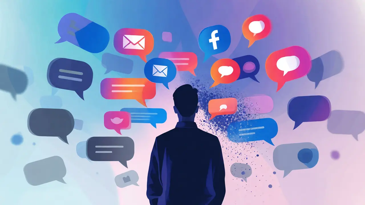 Silhouette filtering colorful notification bubbles against a blurred background