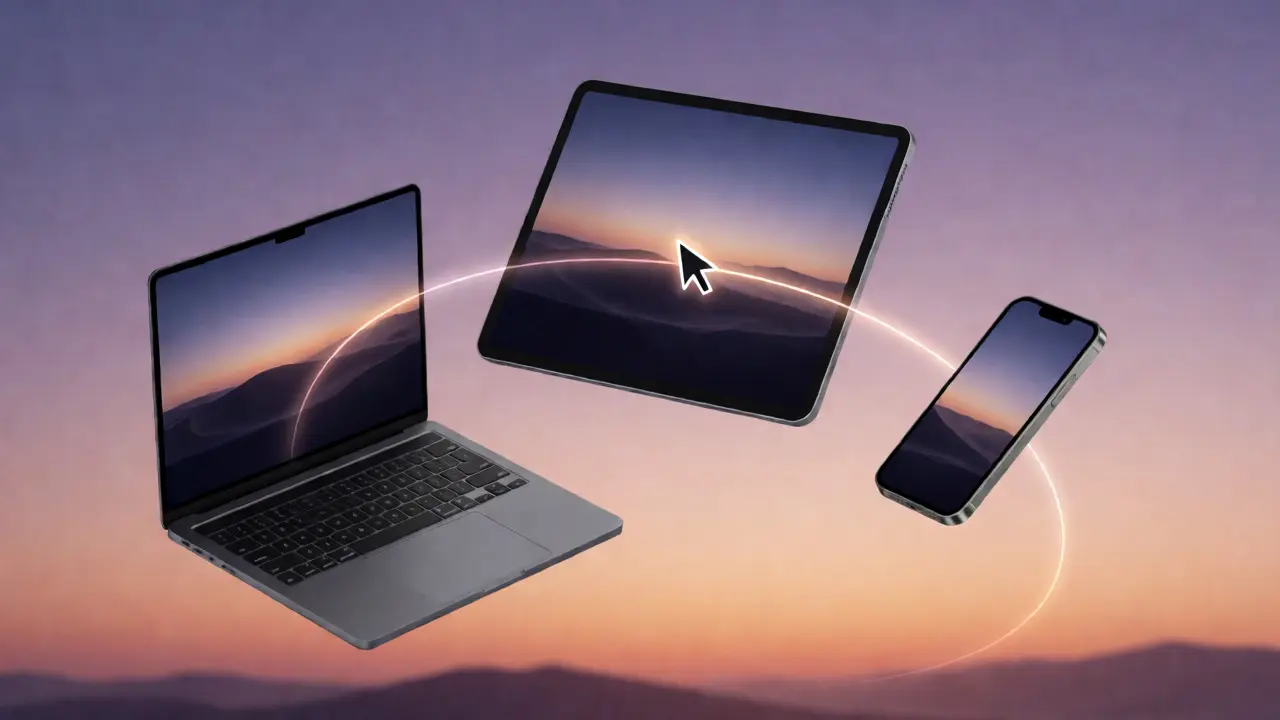 Single mouse cursor flowing across MacBook, iPad, and iPhone devices