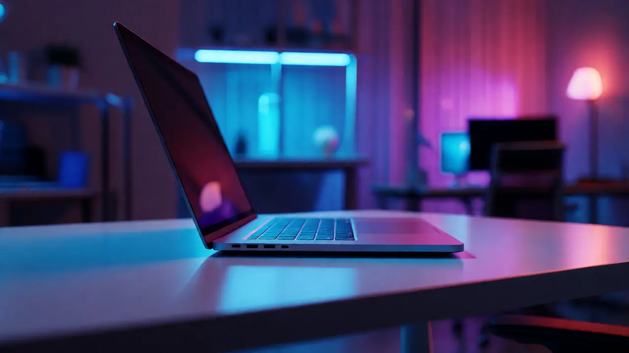 Sleek MacBook Pro open on a desk in cool lighting