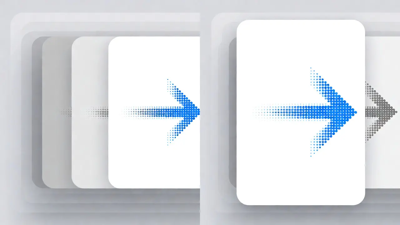 Split-screen showing horizontal slide and vertical modal rise with parallax depth.