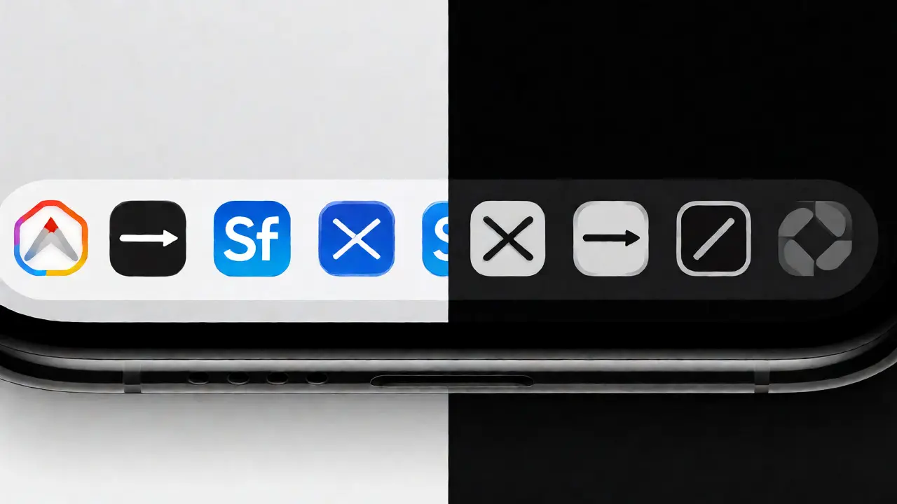 Split view of iOS icons in light and dark modes showing alignment consistency.
