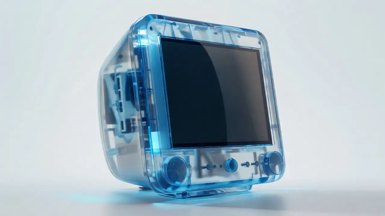 Translucent iMac G3 showcasing friendly hardware design