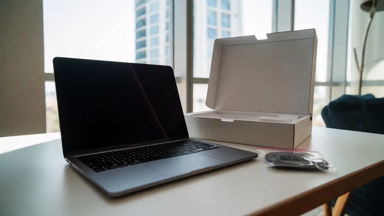 Unboxed MacBook on desk with preserved original packaging in background