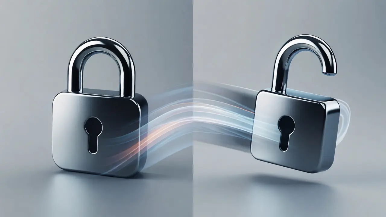 Visual representation of a lock icon smoothly morphing into an unlocked state.