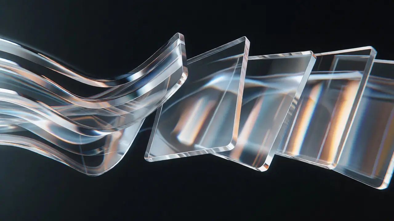 Abstract floating glass UI cards with motion blur and refraction in a dark space.