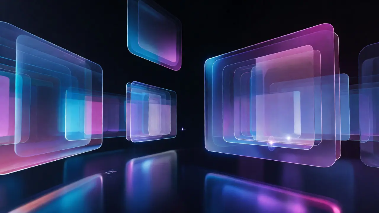 Abstract floating visionOS interface panels with depth effects and gaze cursors