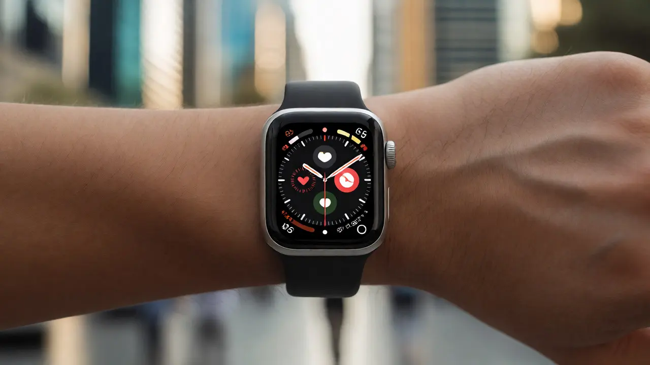 Apple Watch on wrist displaying flat design complications in urban setting