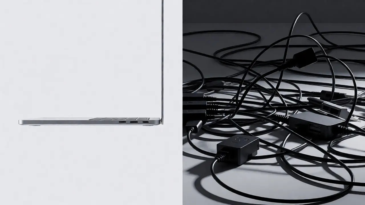 Artistic concept of laptop minimalism versus tangled adapter cables
