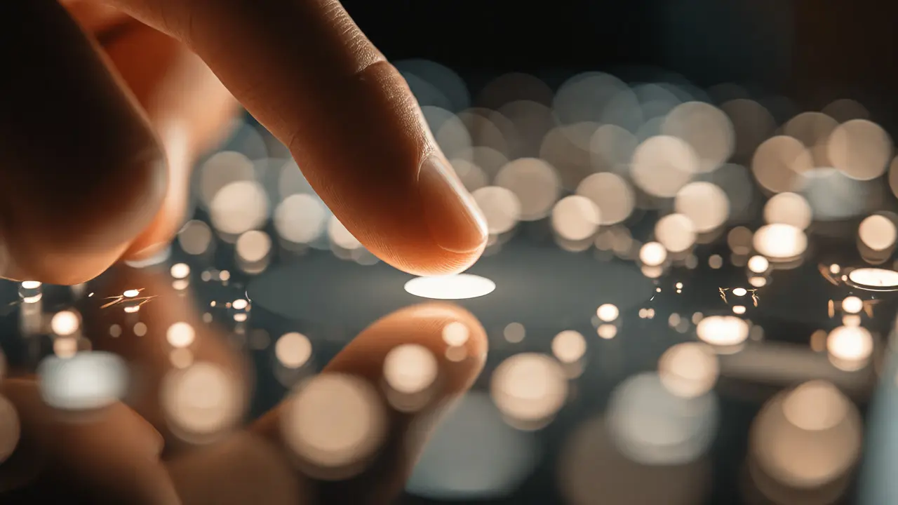 Close-up of a hand interacting with a simplified, layered digital interface