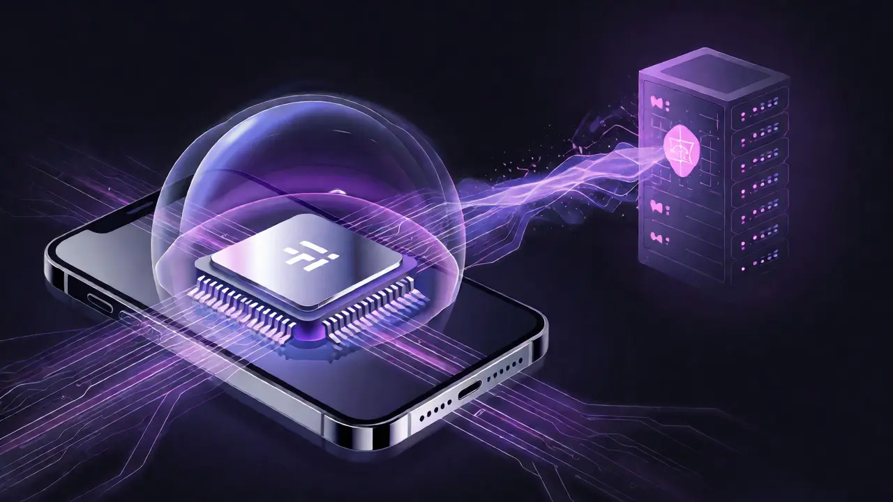 Conceptual art of a smartphone chip shielding data from cloud servers, illustrating privacy.