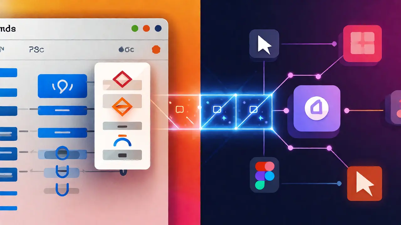 Conceptual split-screen comparing Sketch and Figma design workflows and structures