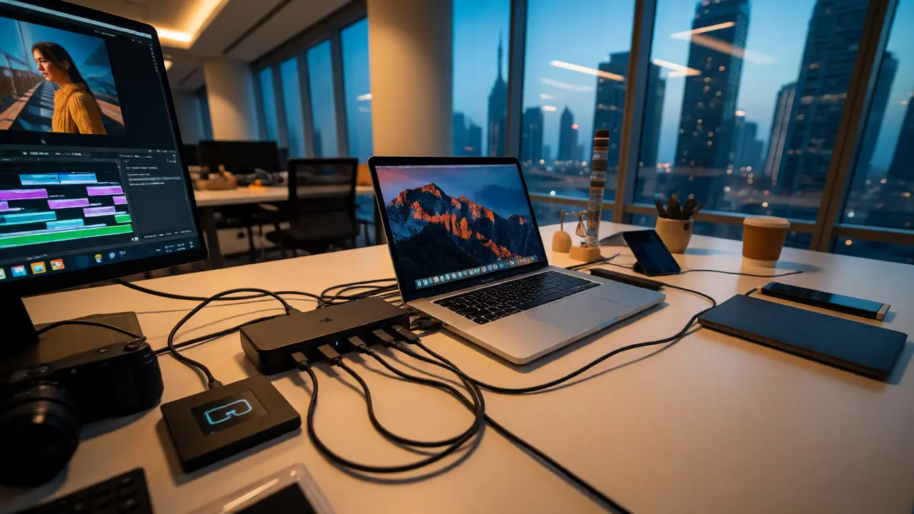 Creative desk setup with MacBook Pro and docking station in modern office