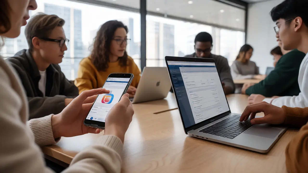 Diverse users interacting seamlessly with Apple devices in a bright workspace.