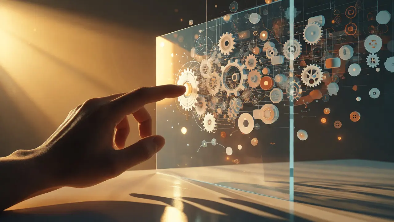 Hand swiping away complex mechanical parts to reveal a clean interface