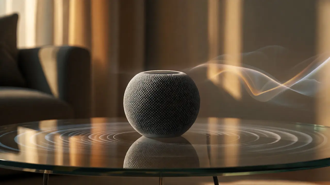 HomePod mini on glass table with visualized acoustic wave reflections