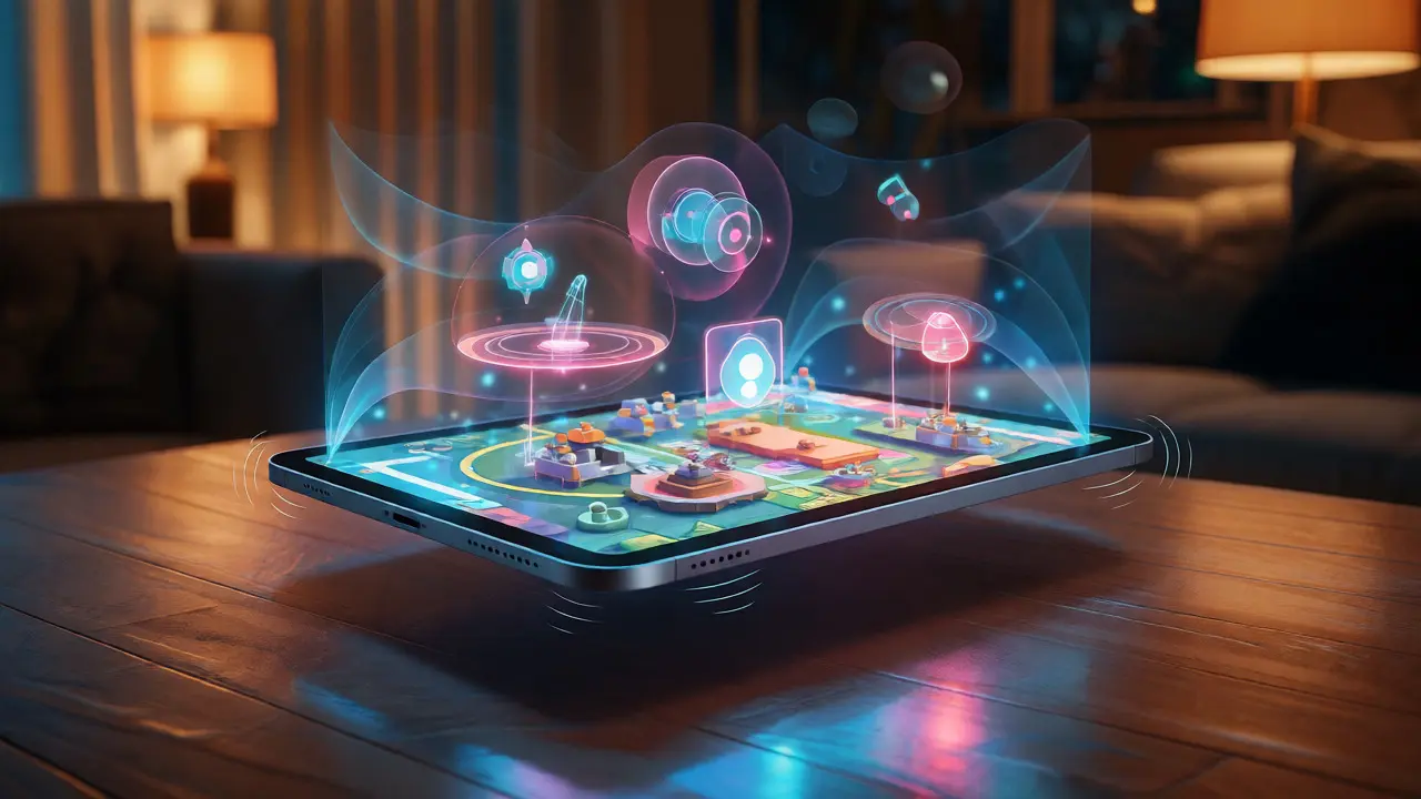 iPad displaying augmented reality game elements projected onto a real table.