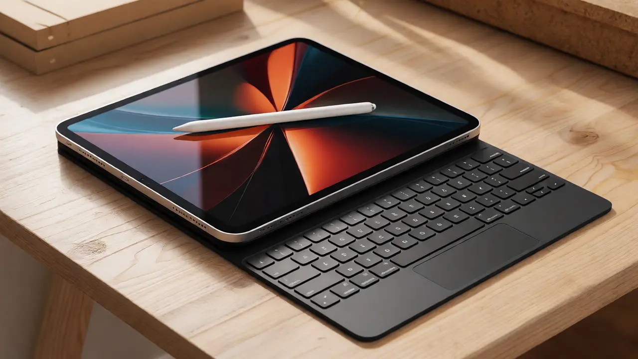 iPad Pro with Apple Pencil and Magic Keyboard on a wooden desk.