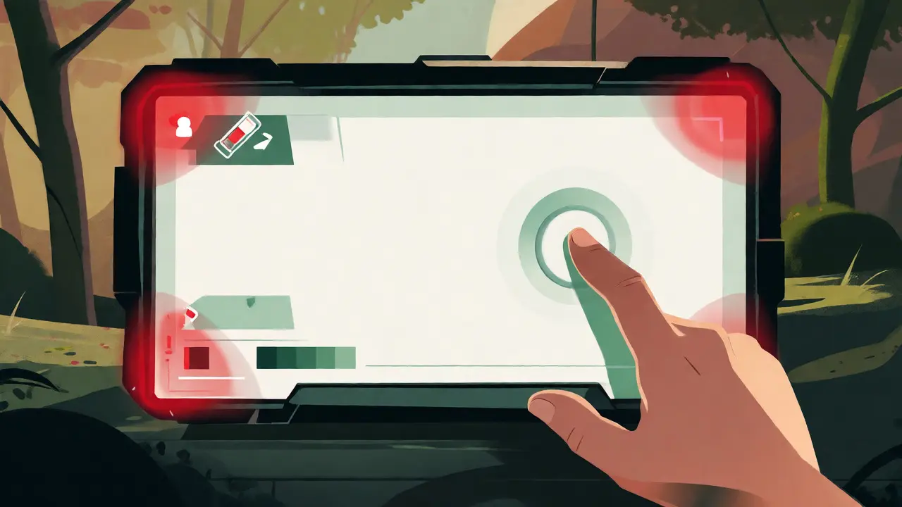Minimalist game HUD with diegetic health indicators and gesture-based controls.