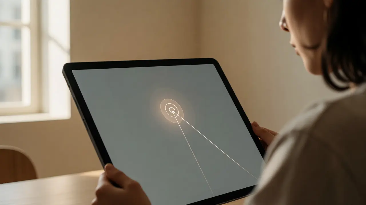 Person using eye-tracking technology on a tablet in a bright home office.