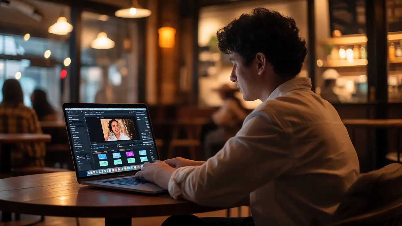 Professional working seamlessly on a MacBook in a cafe, ignoring battery anxiety.