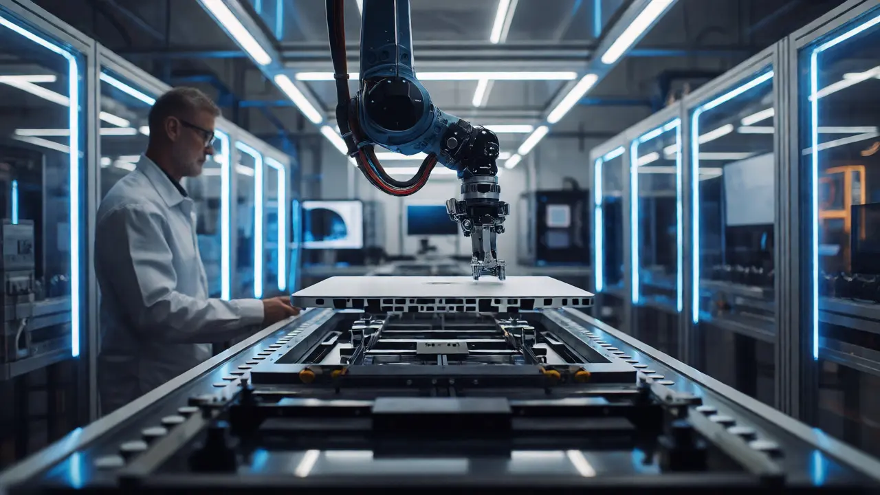 Robotic arm assembling a laptop in a precision cleanroom