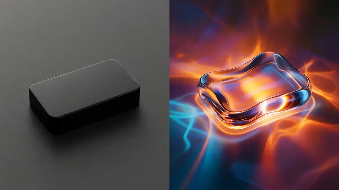 Split view comparing a flat opaque button with a vibrant, rippling liquid glass interface.