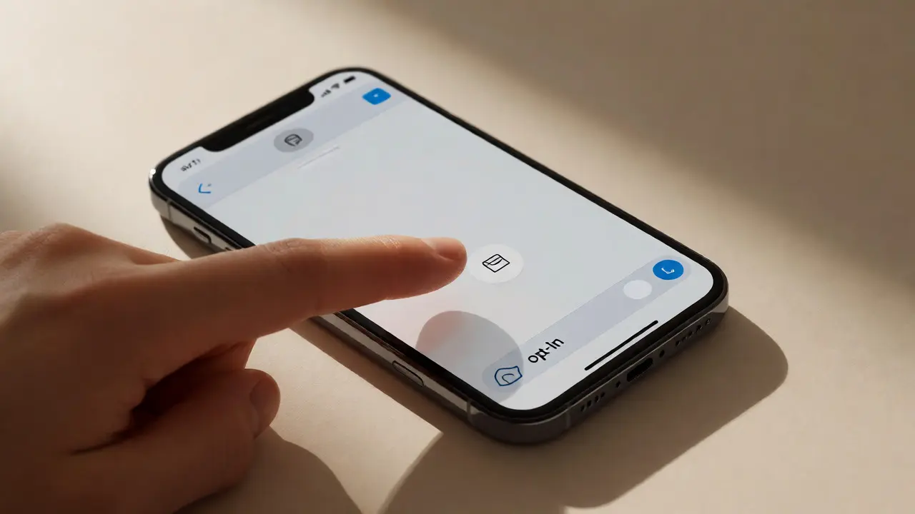 Thumb hovering over a confirmation icon in a messaging app, showing user-controlled AI suggestions.